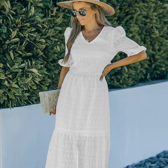 chinese dress ladies Adorable White Eyelet Midi Dress